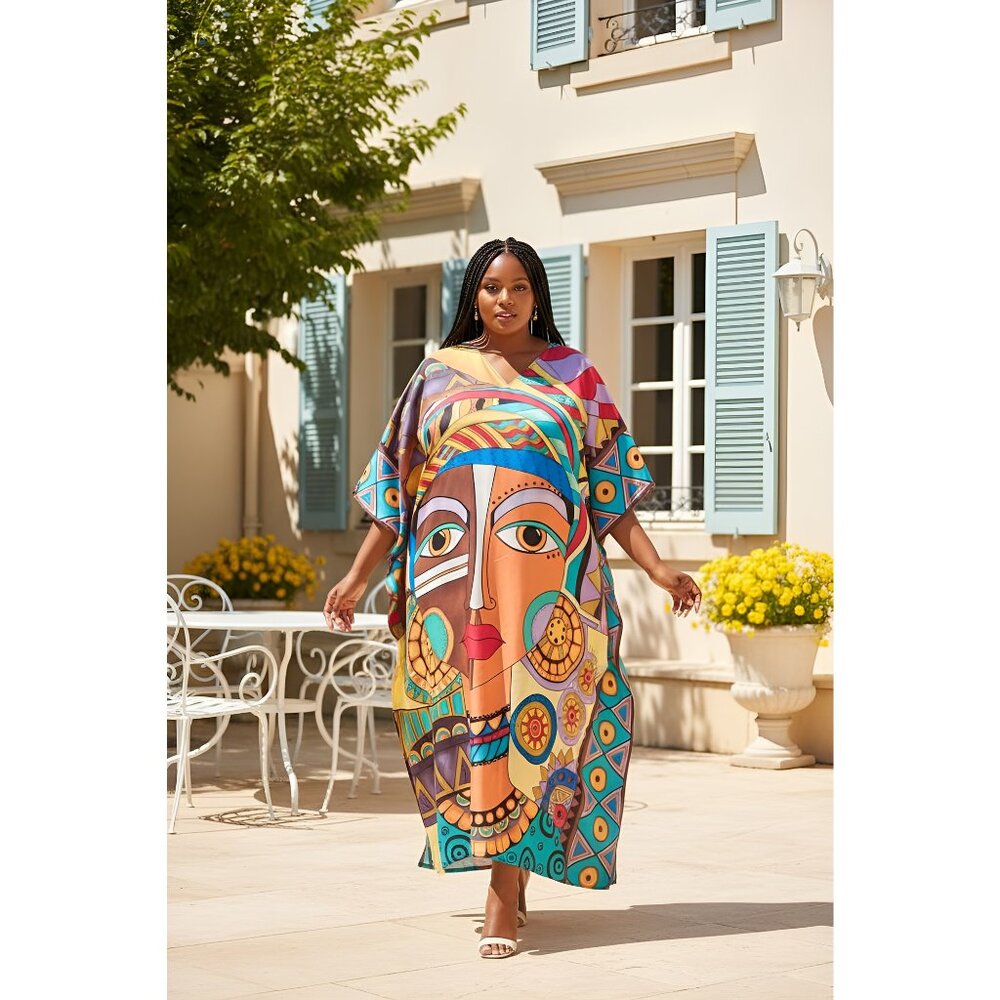 Gypsie Blu Multicolor Tribal Printed Caftan Maxi Dress Mumu Cover Up for Women